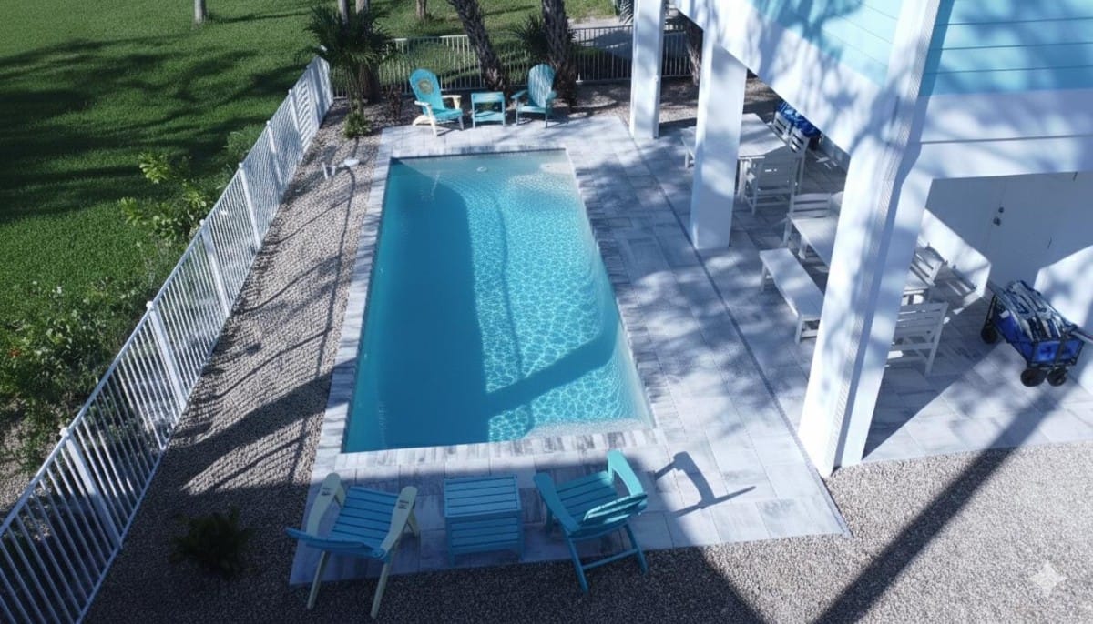 Overhead view of the heated pool and pool deck